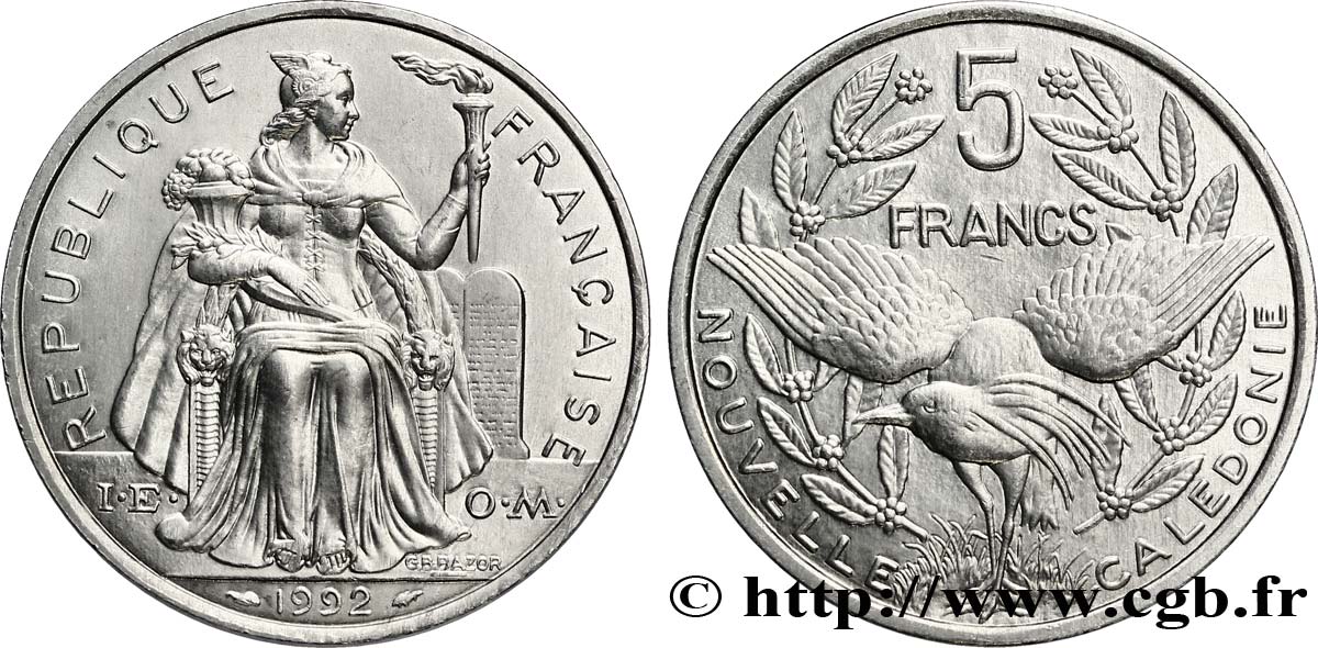 NEW CALEDONIA 5 Francs I.E.O.M. représentation allégorique de Minerve / Kagu, oiseau de Nouvelle-Calédonie 1992 Paris MS 