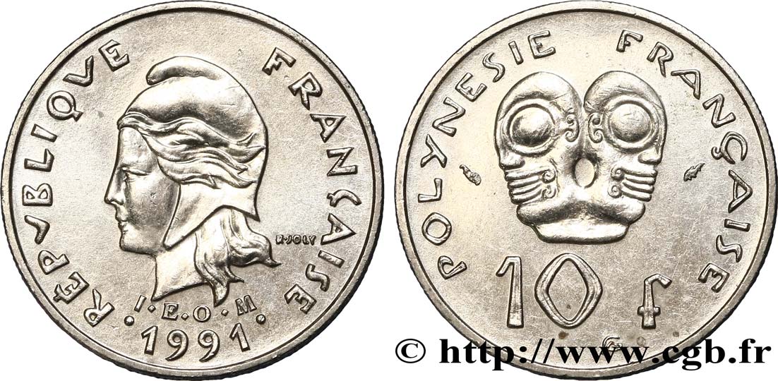 POLINESIA FRANCESE 10 Francs I.E.O.M Marianne 1991 Paris SPL 