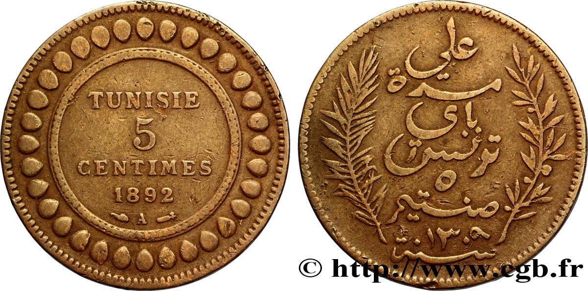 TUNISIE - PROTECTORAT FRANÇAIS 5 Centimes AH1309 1892 Paris TB+ 