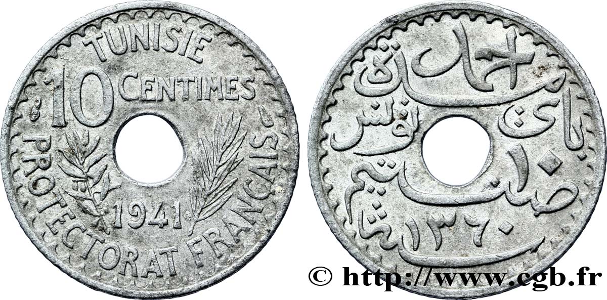 TUNISIA - Protettorato Francese 10 Centimes AH 1360 1941 Paris SPL 