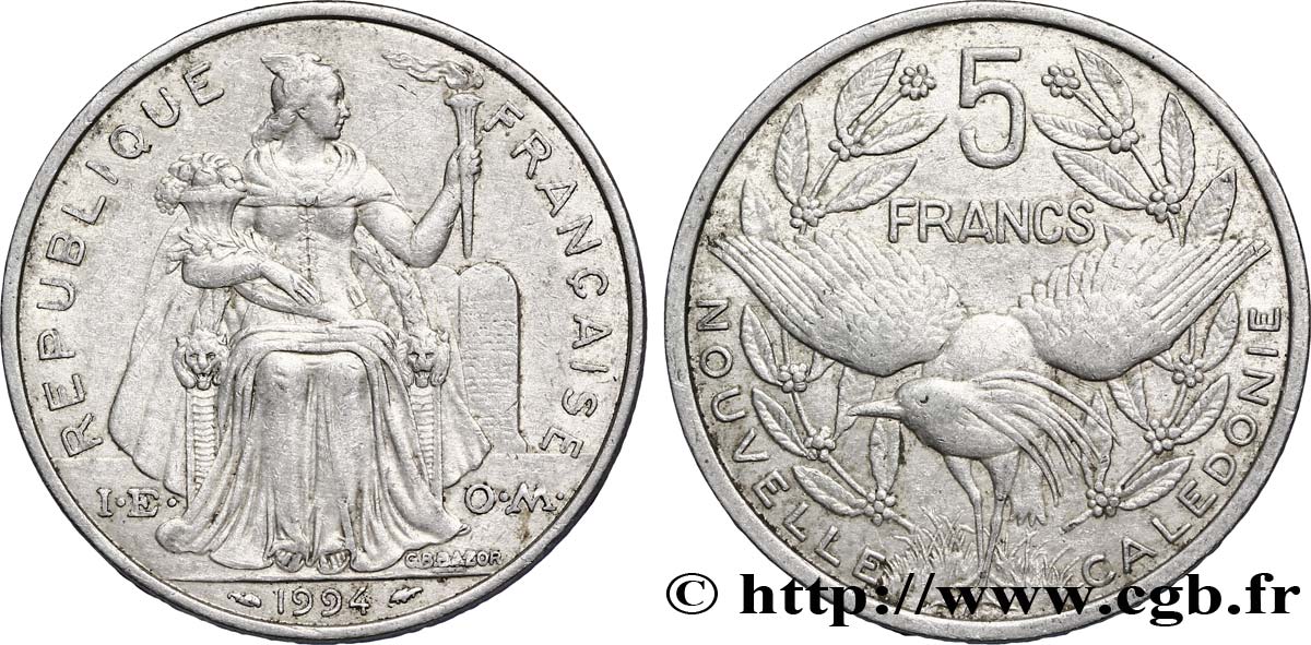 NOUVELLE CALÉDONIE 5 Francs I.E.O.M. représentation allégorique de Minerve / Kagu, oiseau de Nouvelle-Calédonie 1994 Paris TTB 