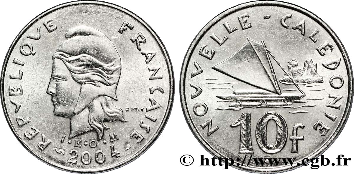 NOUVELLE CALÉDONIE 10 Francs I.E.O.M. Marianne / paysage maritime néo-calédonien avec pirogue à voile  2004 Paris SUP 