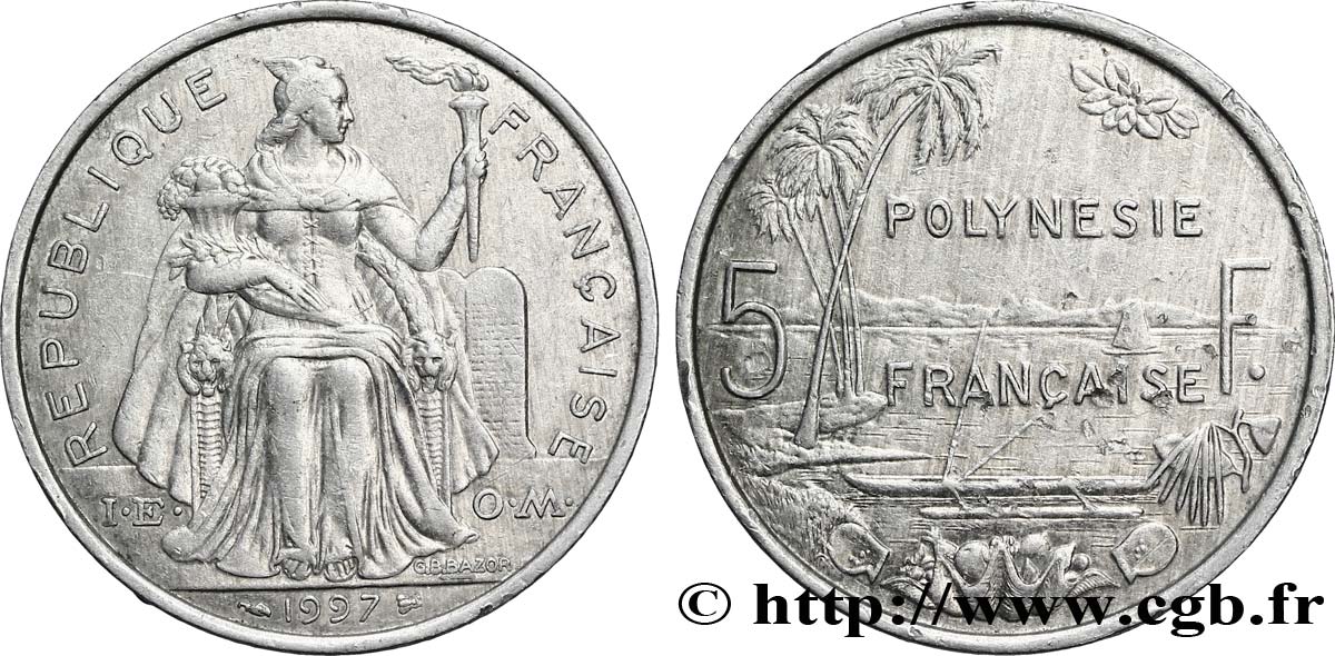 POLYNÉSIE FRANÇAISE 5 Francs I.E.O.M. Polynésie Française 1997 Paris TTB+ 
