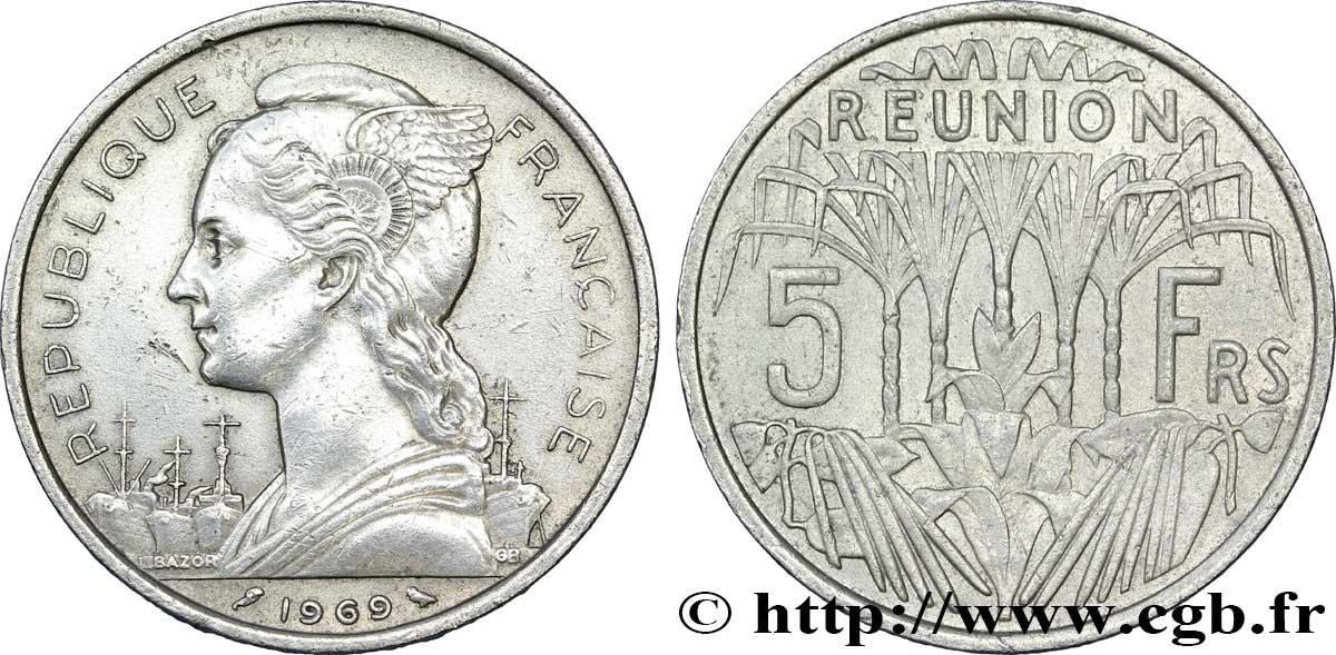 ÎLE DE LA RÉUNION 5 Francs Marianne / canne à sucre 1969 Paris TTB 