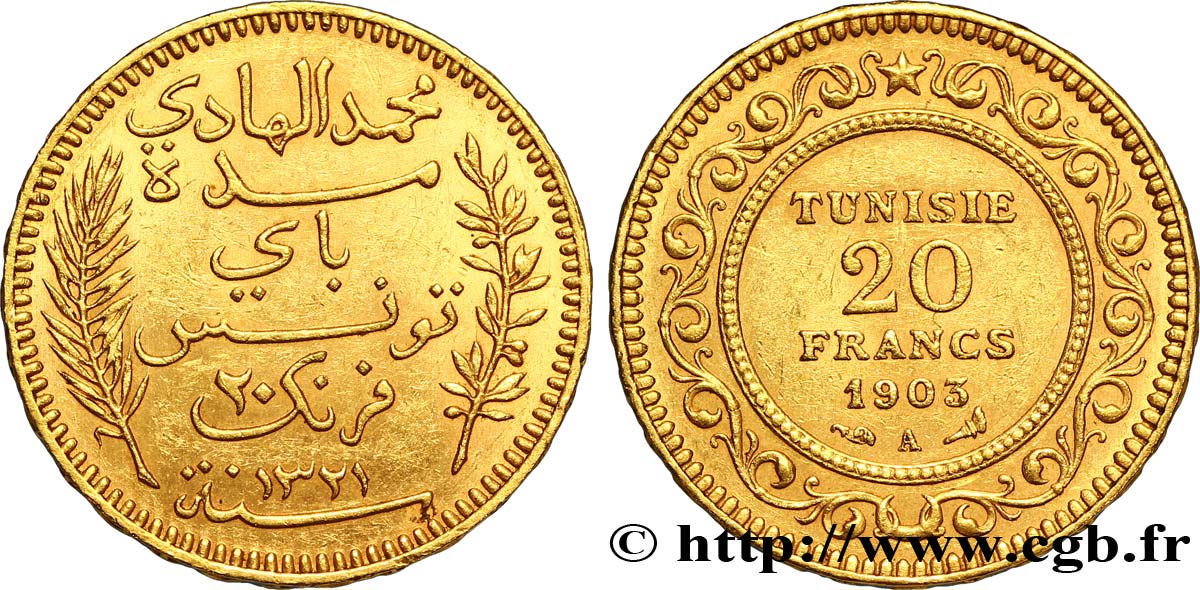 TUNISIE - PROTECTORAT FRANÇAIS 20 Francs or Bey Mohamed El Hadi AH1321 1903 Paris TTB+ 