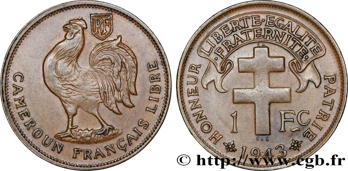 CAMEROUN - TERRITOIRES SOUS MANDAT FRANÇAIS 1 Franc ‘Cameroun Français’ 1943 Prétoria TTB+ 