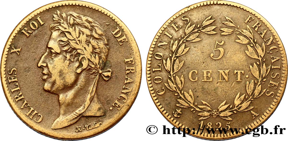 COLONIAS FRANCESAS - Charles X, para Guayana y Senegal 5 Centimes Charles X 1825 Paris - A MBC 