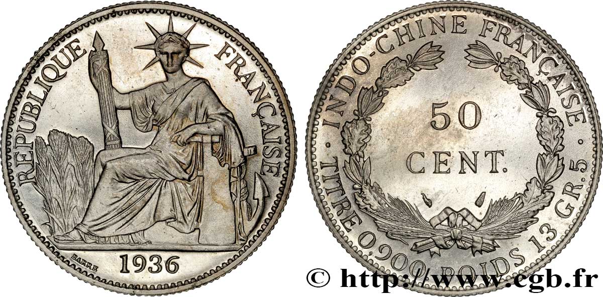 INDOCHINE FRANÇAISE Pré-série 50 Cent en bronze de nickel, sans le mot ESSAI 1936 Paris FDC 