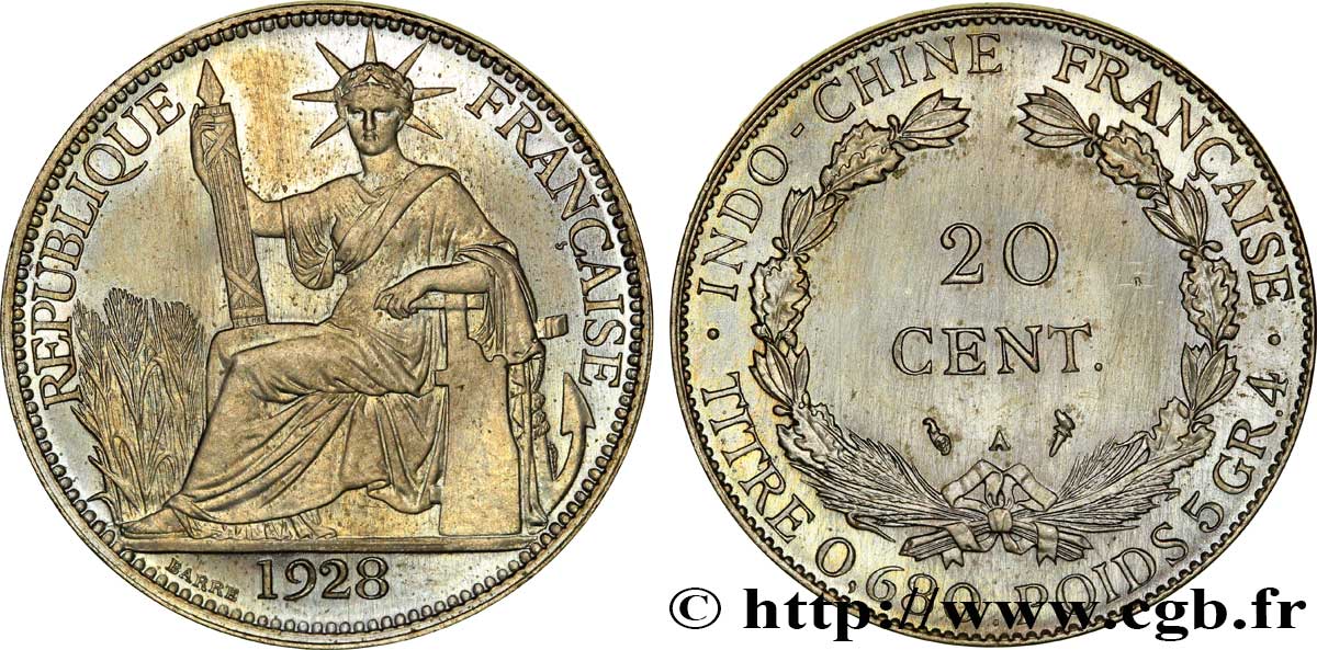 INDOCHINE FRANÇAISE 20 Centièmes (Essai) Cupro-Nickel 1928 Paris FDC 