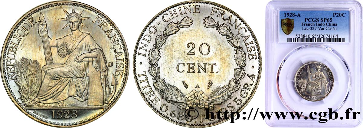 FRENCH INDOCHINA 20 Centièmes (Essai) Cupro-Nickel 1928 Paris MS65 PCGS