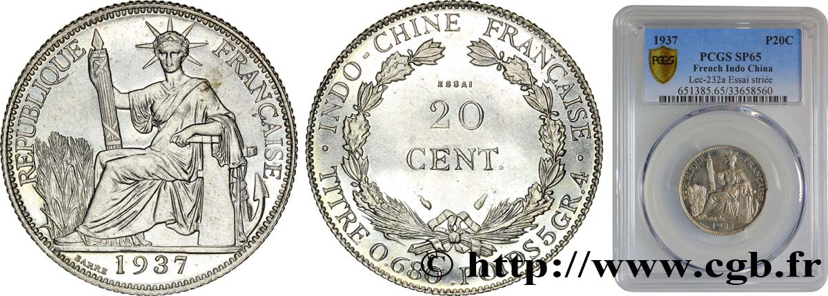 INDOCHINE FRANÇAISE Essai de 20 Centièmes Nickel 1937 Paris FDC65 PCGS
