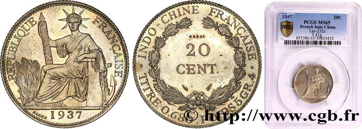 INDOCHINE FRANÇAISE Essai de 20 Centièmes Cupro-Nickel 1937 Paris FDC65 PCGS