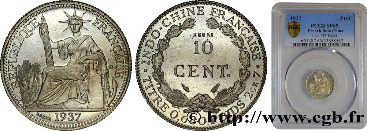 INDOCINA FRANCESE Essai 10 Centièmes en Cupro-Nickel 1937 Paris FDC65 PCGS