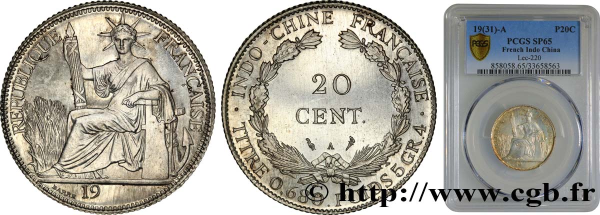 FRENCH INDOCHINA Essai de 20 Centièmes 19-- 1931 Paris MS65 PCGS
