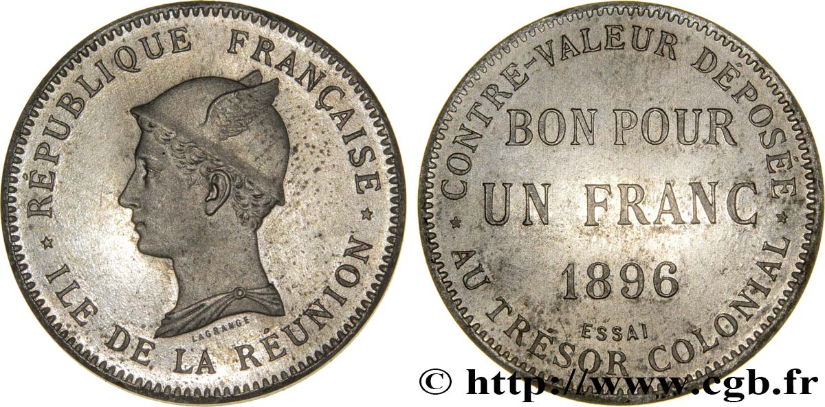 REUNION INSEL Essai de 1 Franc frappe médaille 1896 Paris ST 