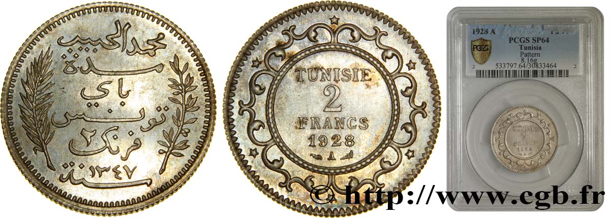 TUNISIA - FRENCH PROTECTORATE Épreuve 2 Francs en laiton argenté - Essai 1928 Paris MS64 PCGS