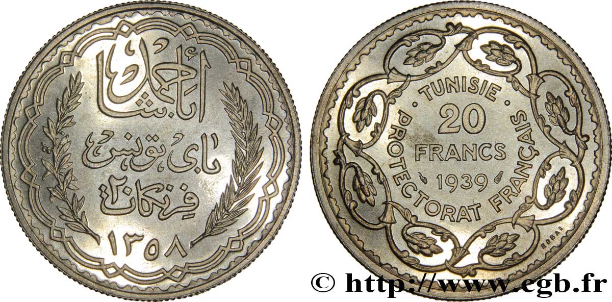 TUNESIEN - Französische Protektorate  Essai 20 Francs argent au nom de Ahmed Bey AH 1358 1939 Paris ST 