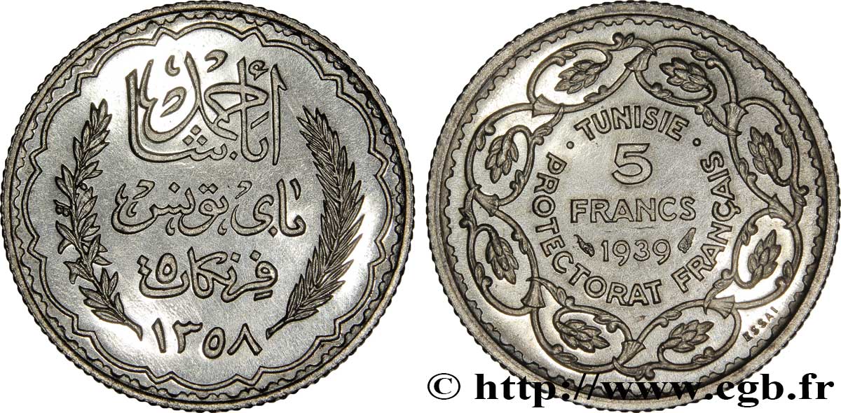 TUNESIEN - Französische Protektorate  Essai 5 Francs argent au nom de Ahmed Bey AH 1358 1939 Paris fST 