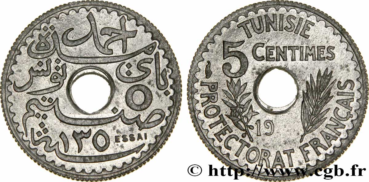 TUNISIA - Protettorato Francese 5 Centimes Essai en zinc au nom d’Ahmed Bey AH 1350 date incomplète n.d. Paris FDC 