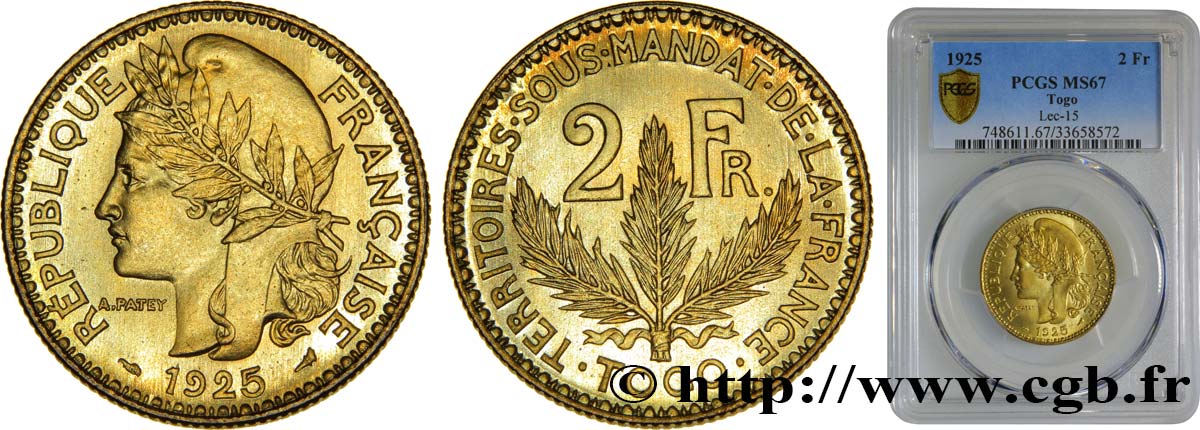 TOGO - FRENCH MANDATE TERRITORIES 2 Francs, pré-série de Morlon poids lourd, 10 grammes 1925 Paris MS67 PCGS
