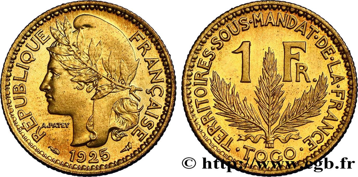 TOGO - MANDATO FRANCESE 1 Franc, pré-série de Morlon poids lourd, 5 grammes 1925 Paris MS 