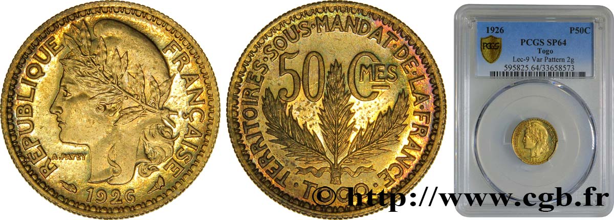 TOGO - FRANZÖSISCHE MANDAT 50 Centimes léger - Essai de frappe de 50 cts Morlon - 2 grammes 1926 Paris fST64 PCGS