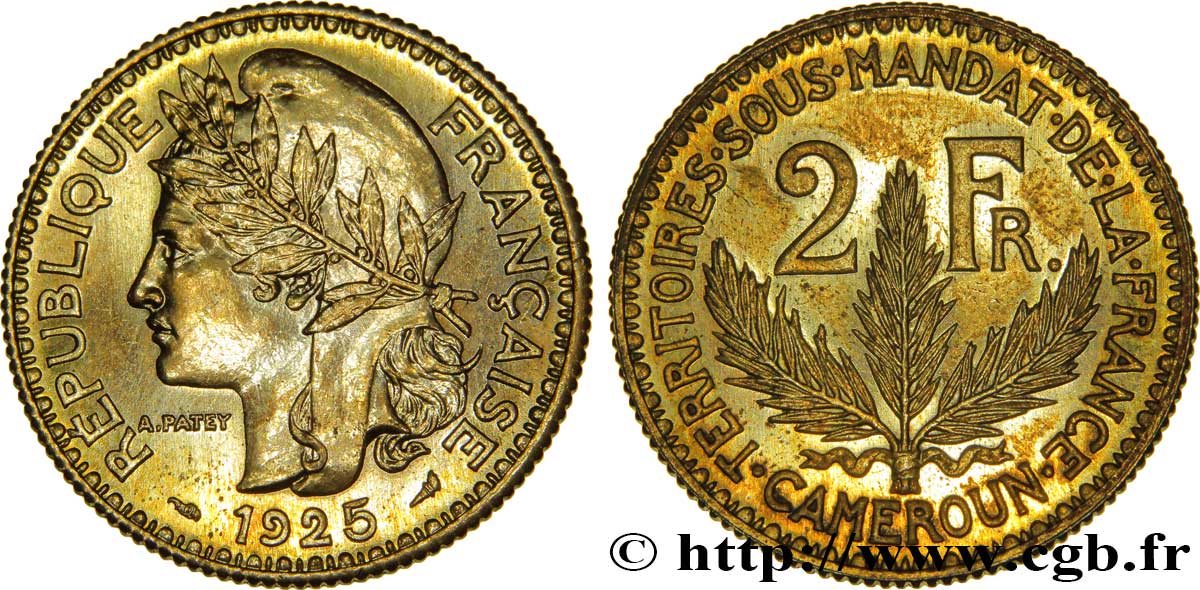 KAMERUN - FRANZÖSISCHE MANDAT 2 Francs poids léger - Essai de frappe de 2 Francs Morlon - 8 grammes 1925 Paris fST 