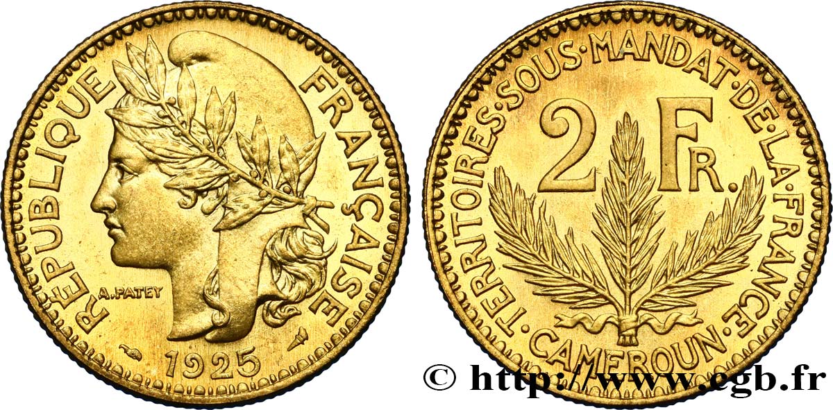 CAMEROON - FRENCH MANDATE TERRITORIES 2 Francs, pré-série de Morlon poids lourd, 10 grammes 1925 Paris MS 