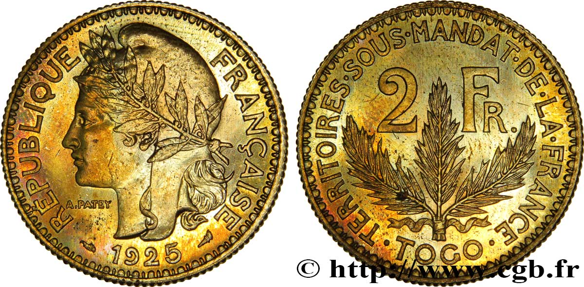 TOGO - MANDATO FRANCESE 2 Francs, poids léger - Essai de frappe de 2 Francs Morlon - 8 grammes 1925 Paris MS 