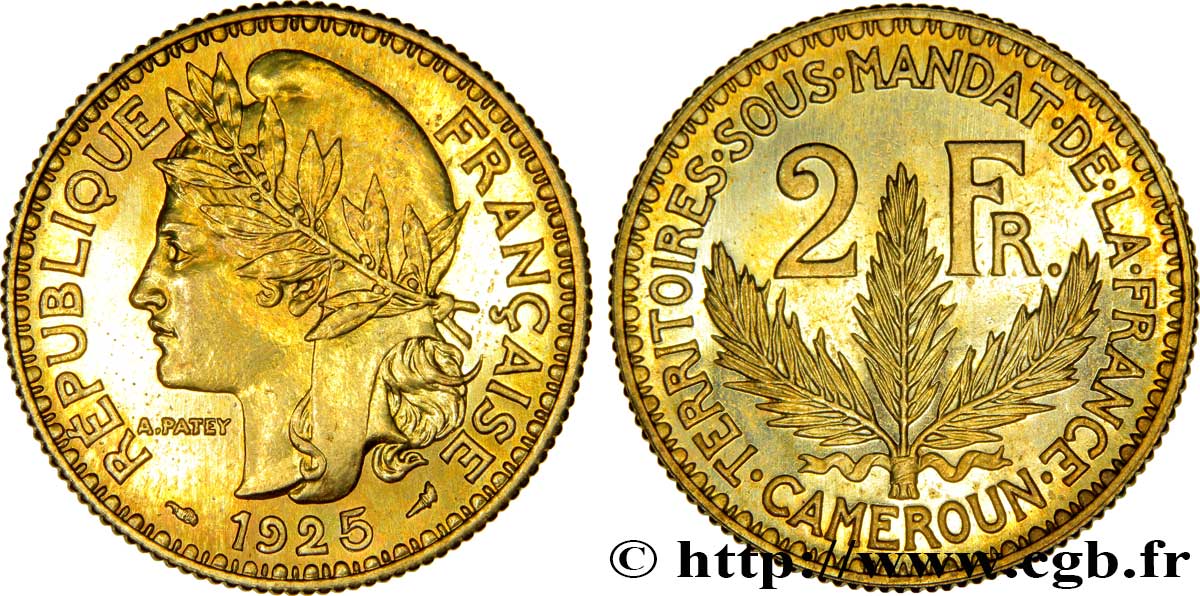 CAMERUN - Mandato Francese 2 Francs poids léger - Essai de frappe de 2 Francs Morlon - 8 grammes 1925 Paris MS 