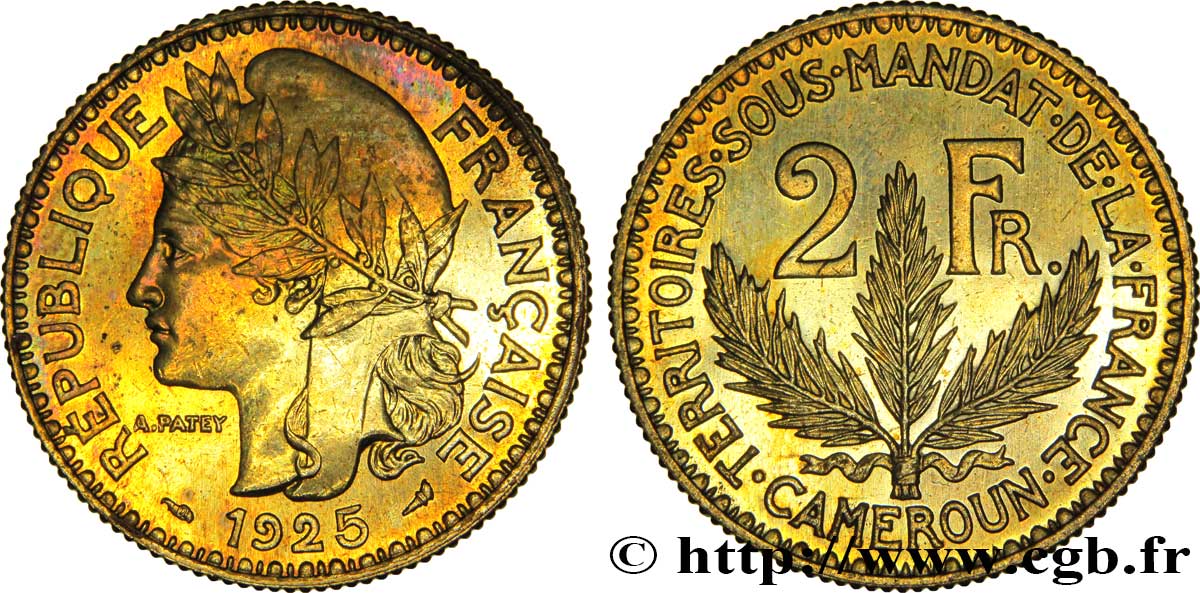 CAMERUN - Mandato Francese 2 Francs poids léger - Essai de frappe de 2 Francs Morlon - 8 grammes 1925 Paris MS 