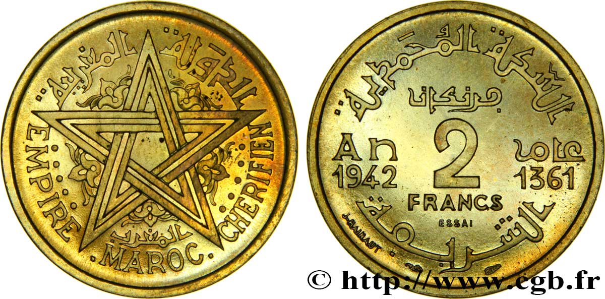 MAROC - PROTECTORAT FRANÇAIS Essai de 2 Francs 1942 Paris SPL 