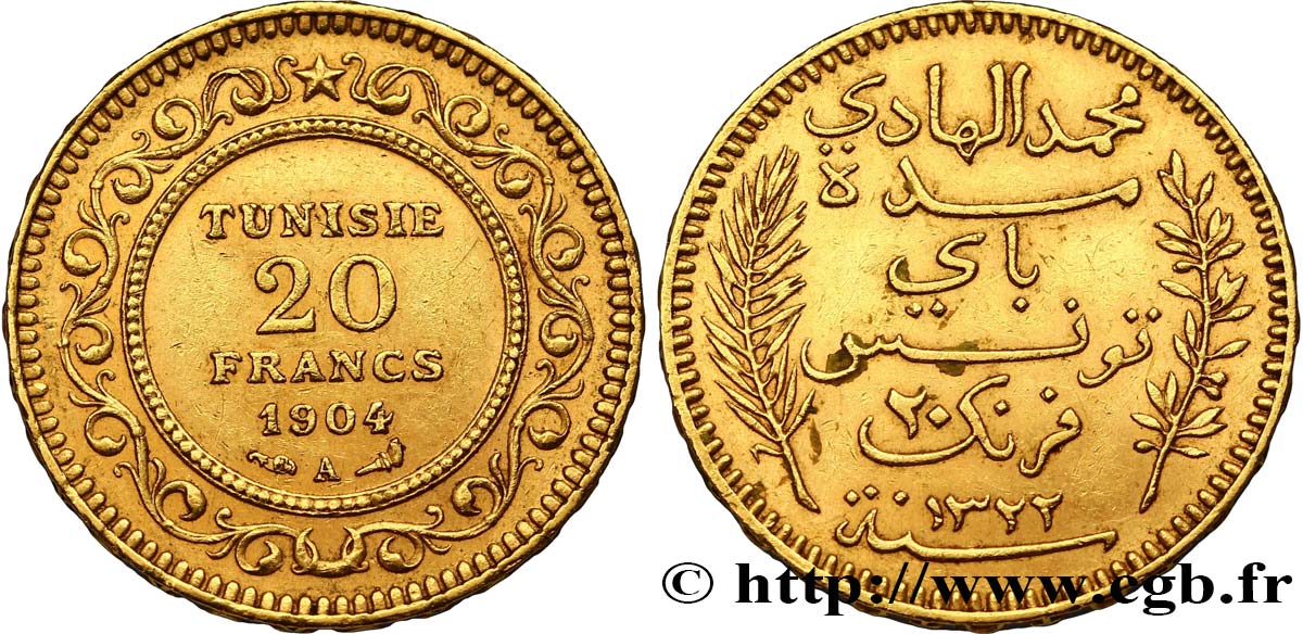 TUNISIA - FRENCH PROTECTORATE 20 Francs or Bey Mohamed El Hadi AH 1322 1904 Paris XF 
