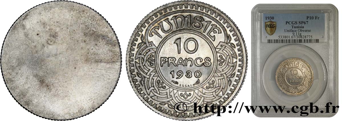 TUNISIA - FRENCH PROTECTORATE Essai uniface de 10 Francs au nom de Ahmed Bey 1930 Paris MS67 PCGS