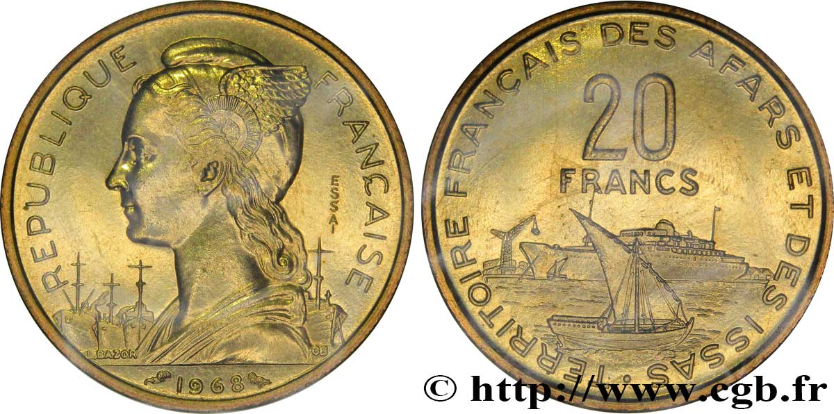 DJIBOUTI - French Territory of the Afars and the Issas  Essai de 20 Francs 1968 Paris MS70 