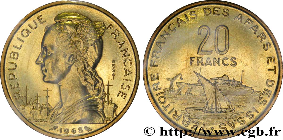 DJIBUTI - French Territory of the Afars and Issas  Essai de 20 Francs 1968 Paris MS70 