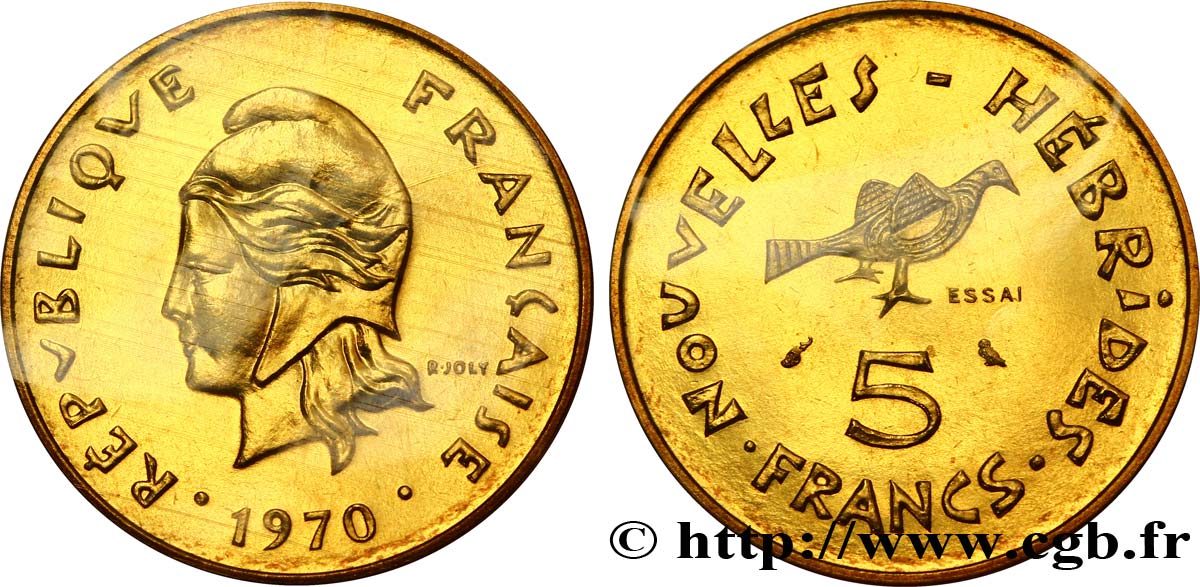 NOUVELLES HÉBRIDES (VANUATU depuis 1980) Essai de 5 Francs Marianne / oiseau 1970 Paris FDC 