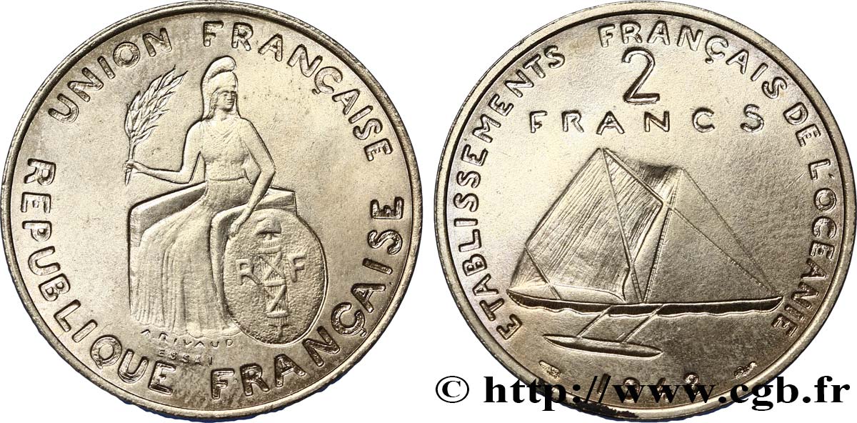 POLYNÉSIE FRANÇAISE - Océanie française Essai de 2 Francs avec listel en relief 1948 Paris SUP 