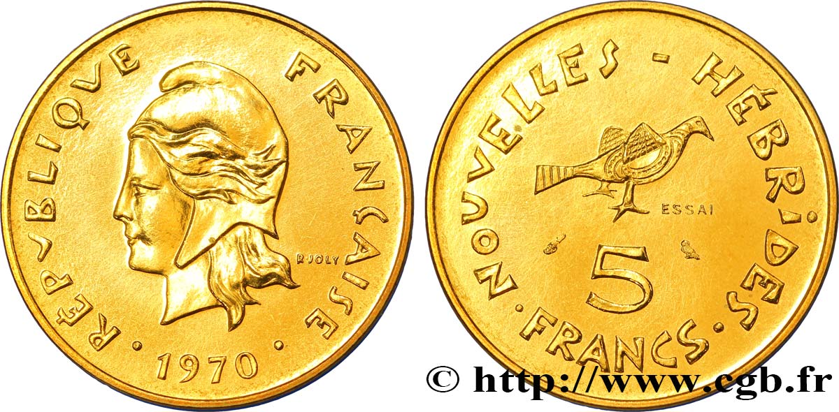 NOUVELLES HÉBRIDES (VANUATU depuis 1980) Essai de 5 Francs Marianne / oiseau 1970 Paris FDC 