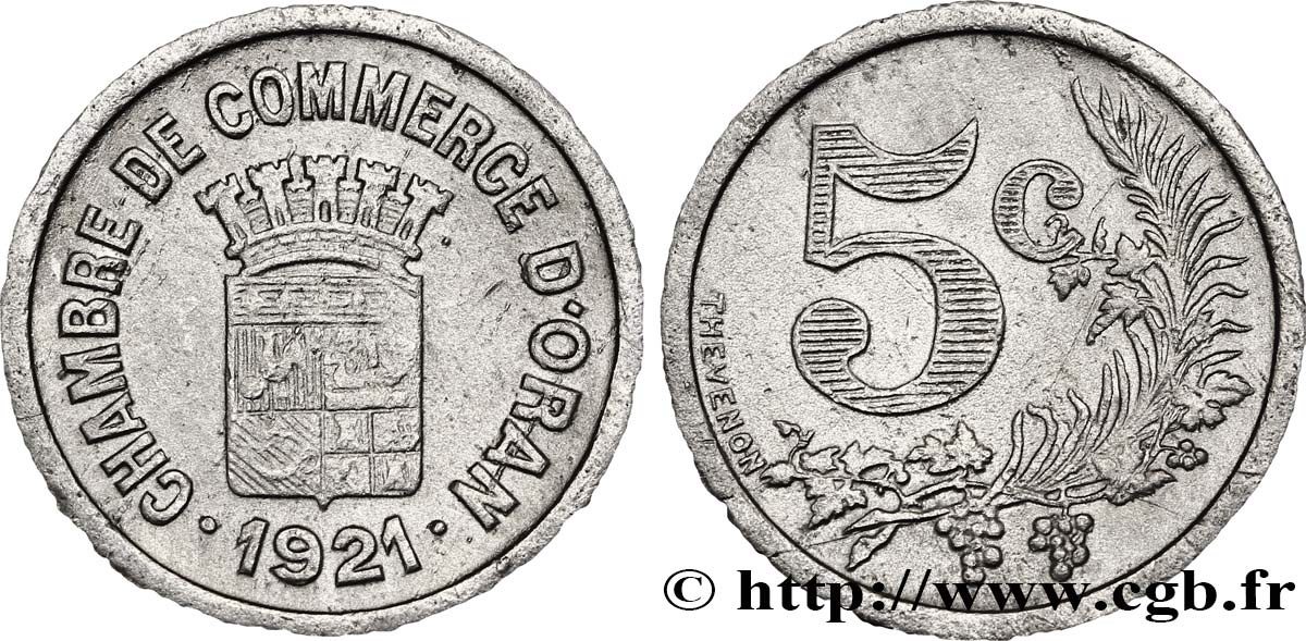 ARGELIA 5 Centimes Chambre de Commerce d’Oran 1921  MBC+ 