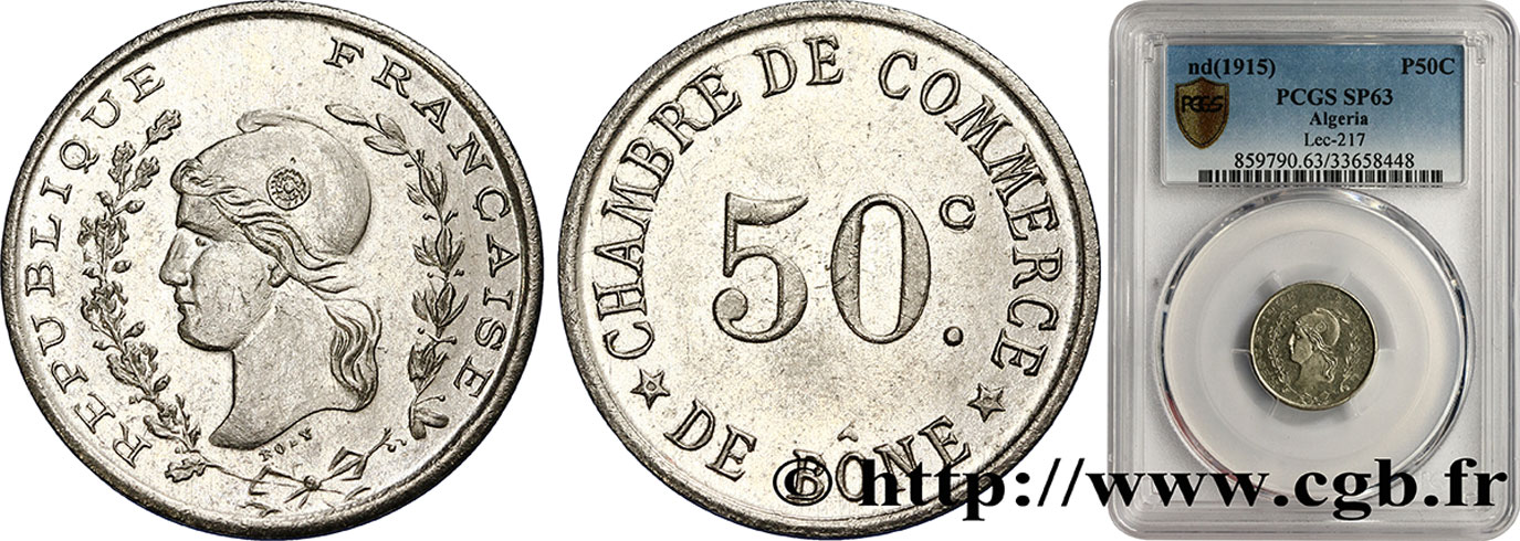 ARGELIA Essai de 50 Centimes Chambre de commerce de Bône N.D.  SC63 PCGS