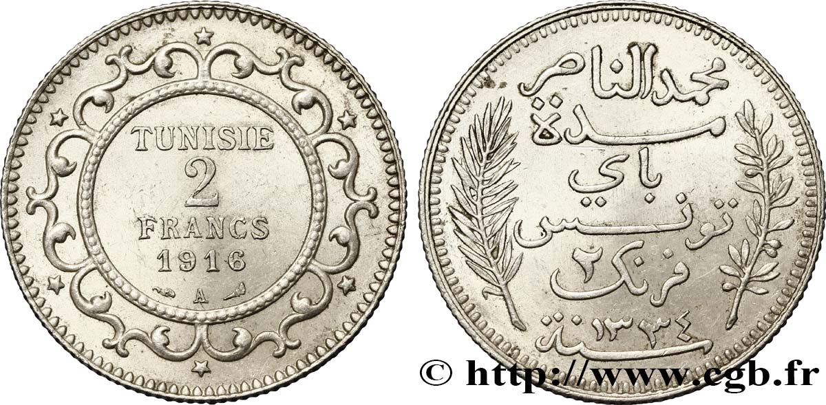TUNEZ - Protectorado Frances 2 Francs AH1334 1916 Paris - A EBC 