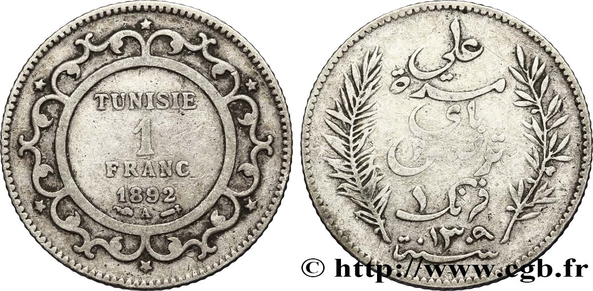 TUNISIA - FRENCH PROTECTORATE 1 Franc AH1309 1892 Paris VF 