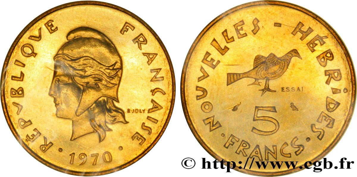 NEW HEBRIDES (VANUATU since 1980) Essai de 5 Francs Marianne / oiseau 1970 Paris MS 