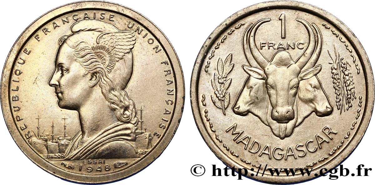 MADAGASCAR French Union Essai de 1 Franc 1948 Paris MS 