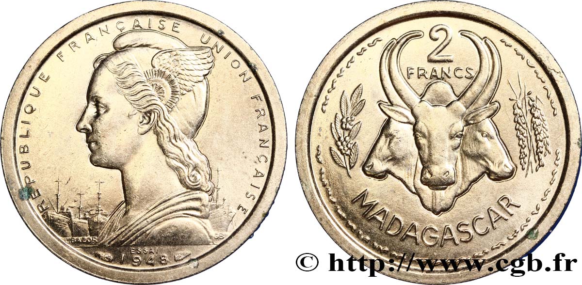 MADAGASKAR - FRANZÖSISCHE UNION Essai de 2 Francs 1948 Paris fST 