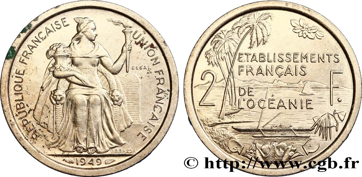 POLYNÉSIE FRANÇAISE - Océanie française Essai de 2 Francs Établissements français de l’Océanie 1949 Paris SPL 