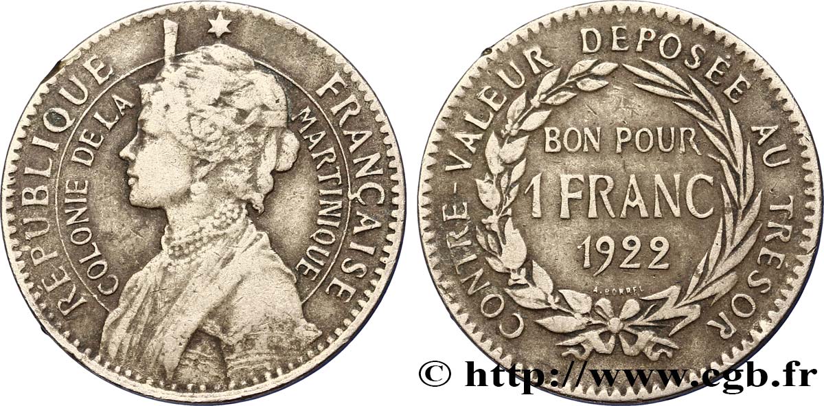 MARTINIQUE Bon pour 1 Franc Colonie de la Martinique 1922 sans atelier VF 