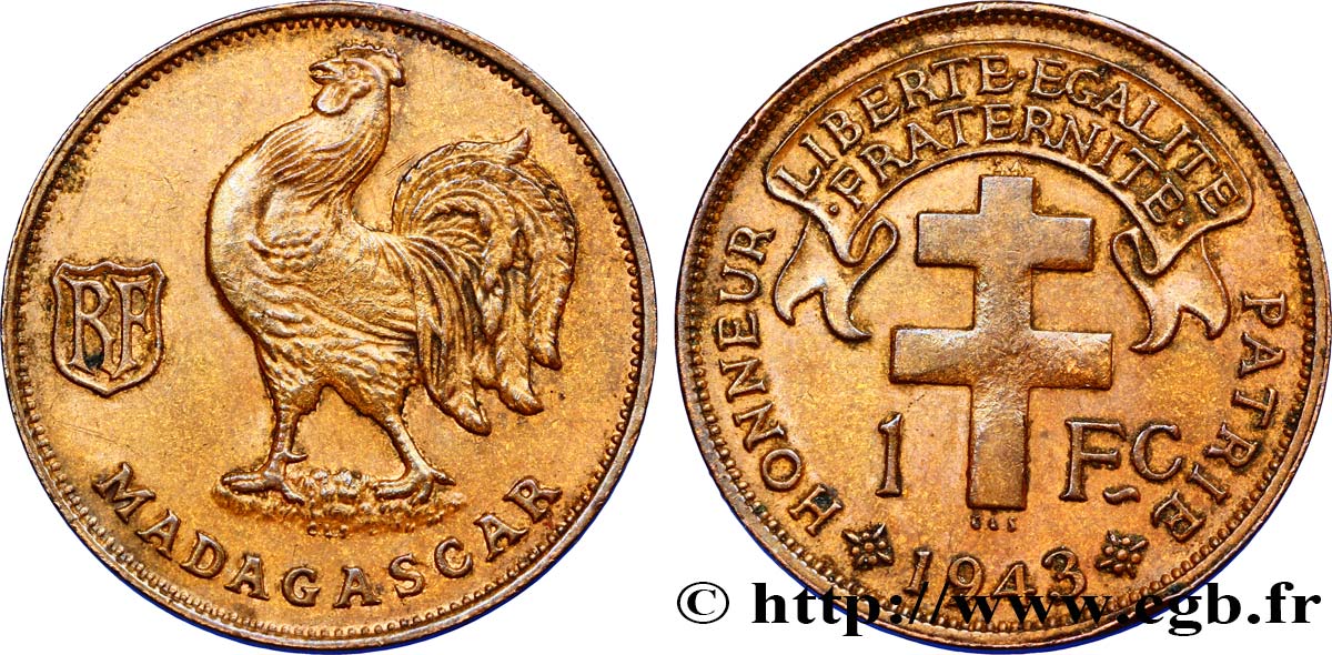 ÎLE DE MADAGASCAR - France Libre 1 Franc 1943 Prétoria TTB+ 