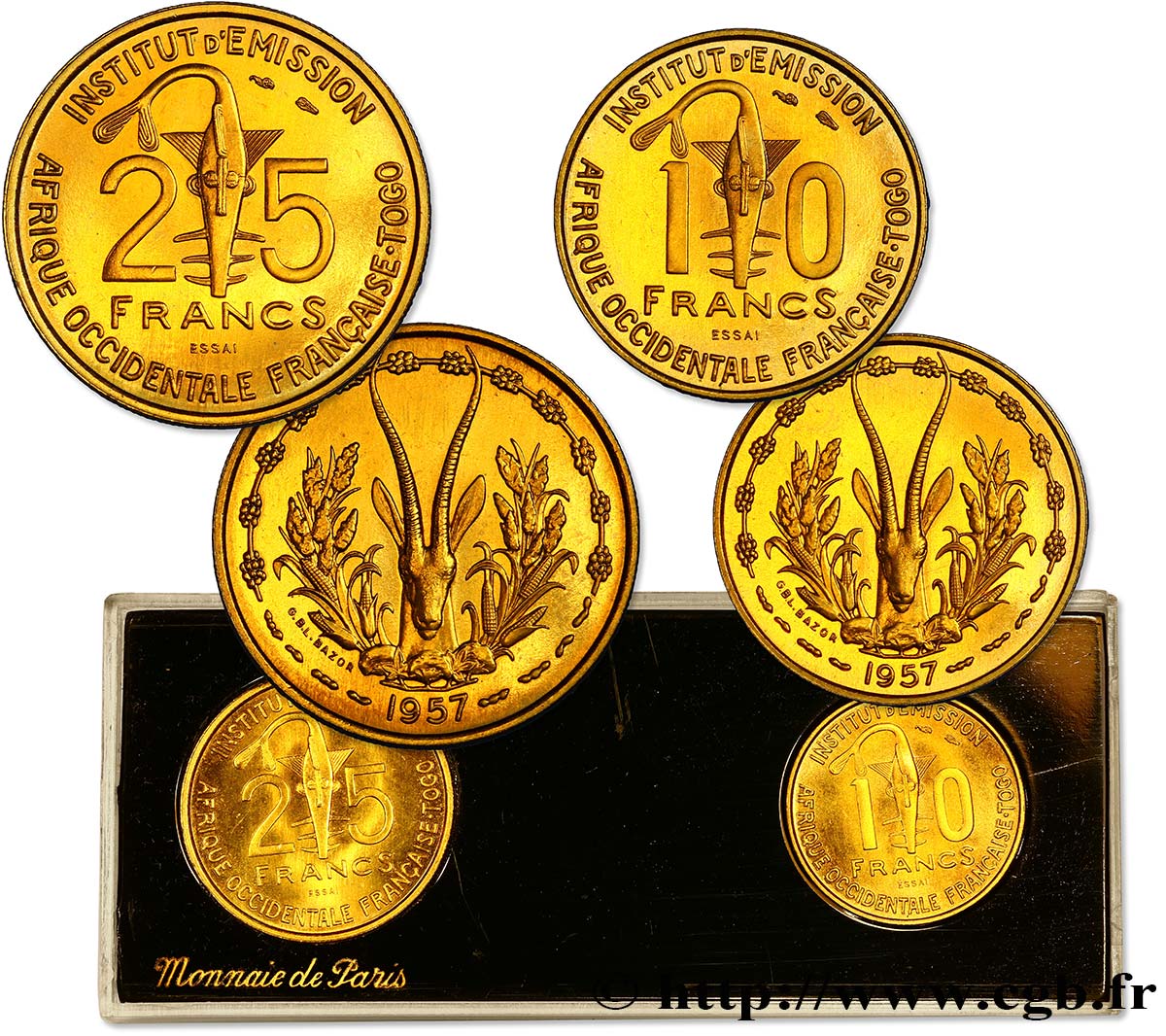 AFRICA FRANCESA DEL OESTE - TOGO Boîte d’essais de 10 et 25 Francs ESSAI 1957 Paris FDC 